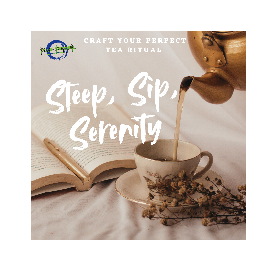 tea pouring in cup and saucer from brass/ gold kettle with a book and pen and dried flowers - steep, sip serenity