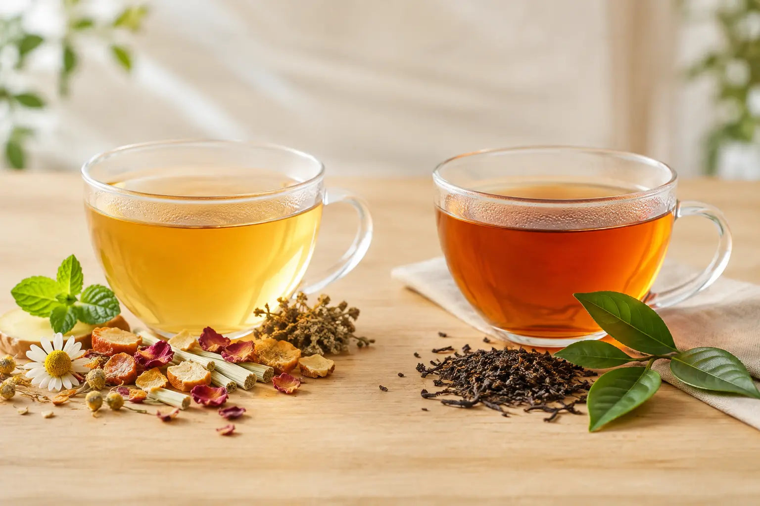 Caffeine-free herbal infusion beside decaffeinated tea
