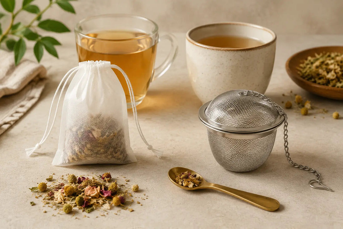 Fillable drawstring tea bag beside a reusable mesh tea infuser