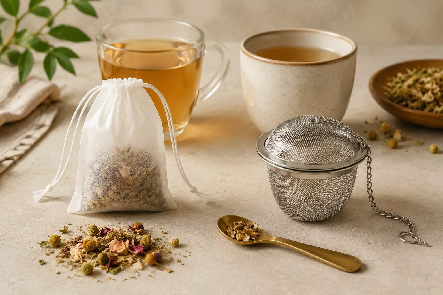 Fillable drawstring tea bag beside a reusable mesh tea infuser
