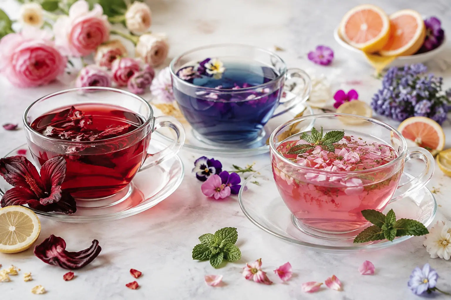 Ruby, indigo and blush floral herbal tea infusions