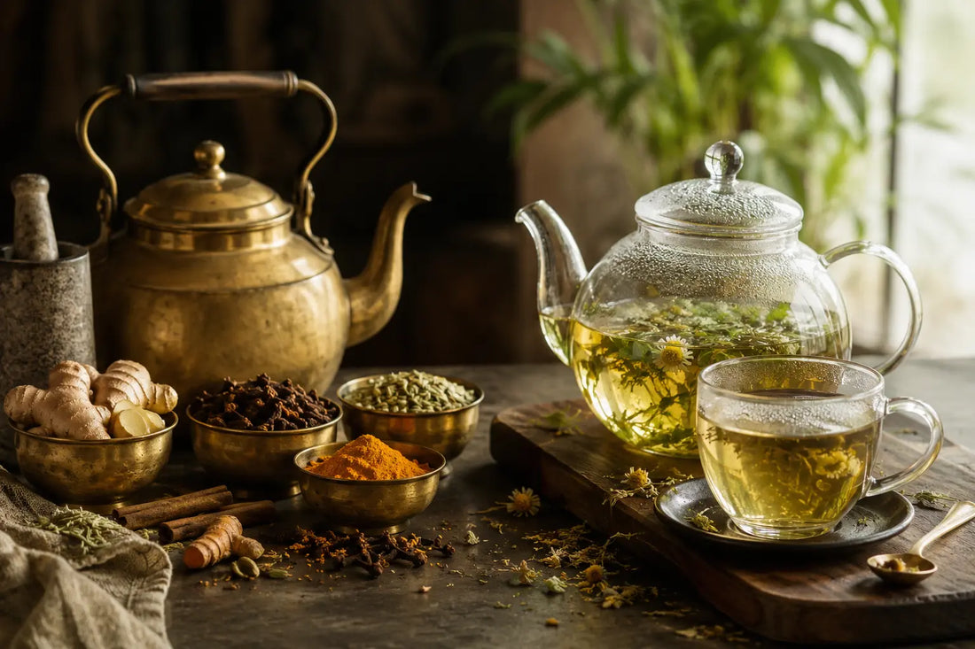 Traditional brass kettle and modern glass herbal infusion ritual