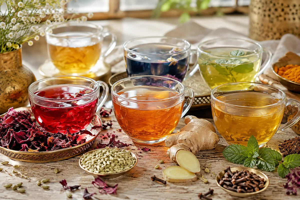 Colourful herbal and spice tea infusions with loose ingredients