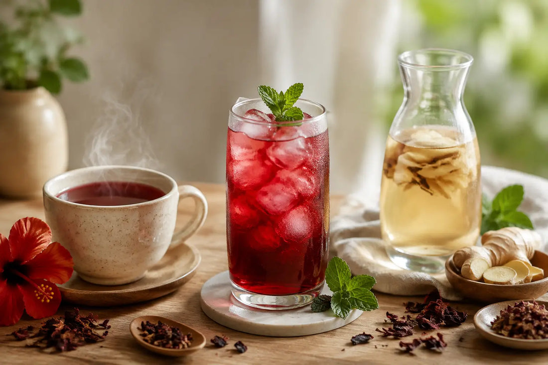 Hot herbal tea, iced herbal tea and cold brew served together