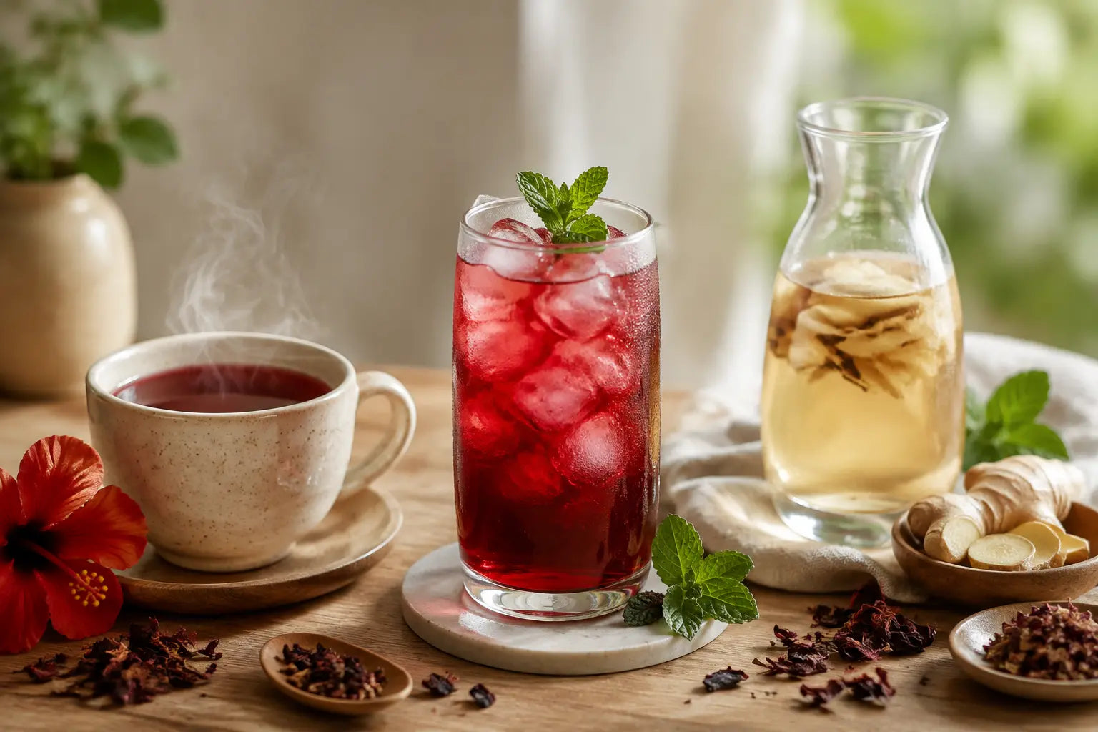 Hot herbal tea, iced herbal tea and cold brew served together