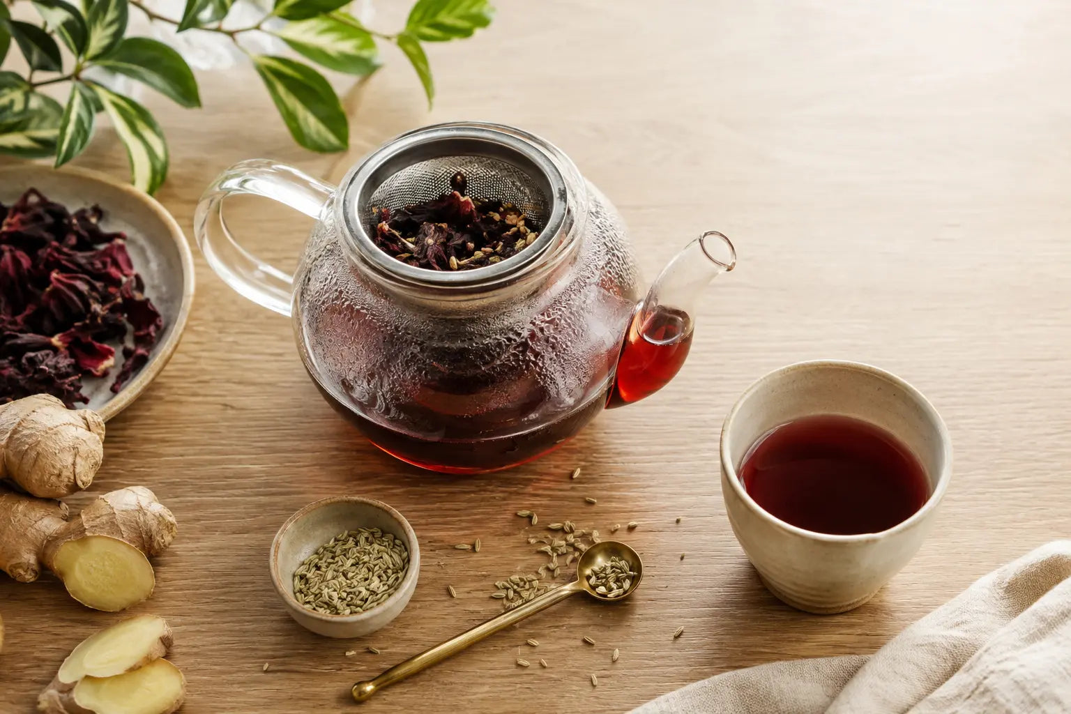 Loose herbal and spice infusion brewing in a glass teapot