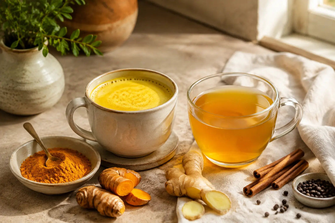 Airtight tea tins and an opaque resealable pouch arranged with loose herbs and whole spices in a shaded pantry.