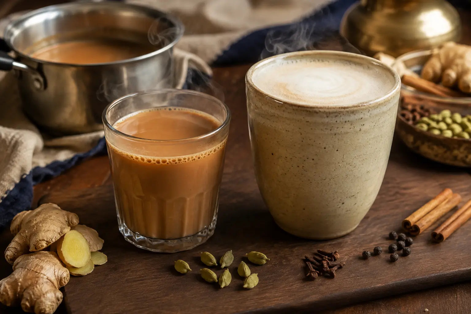 Traditional masala chai in a glass beside a foamy chai latte, surrounded by ginger, cardamom, cinnamon, cloves and black.