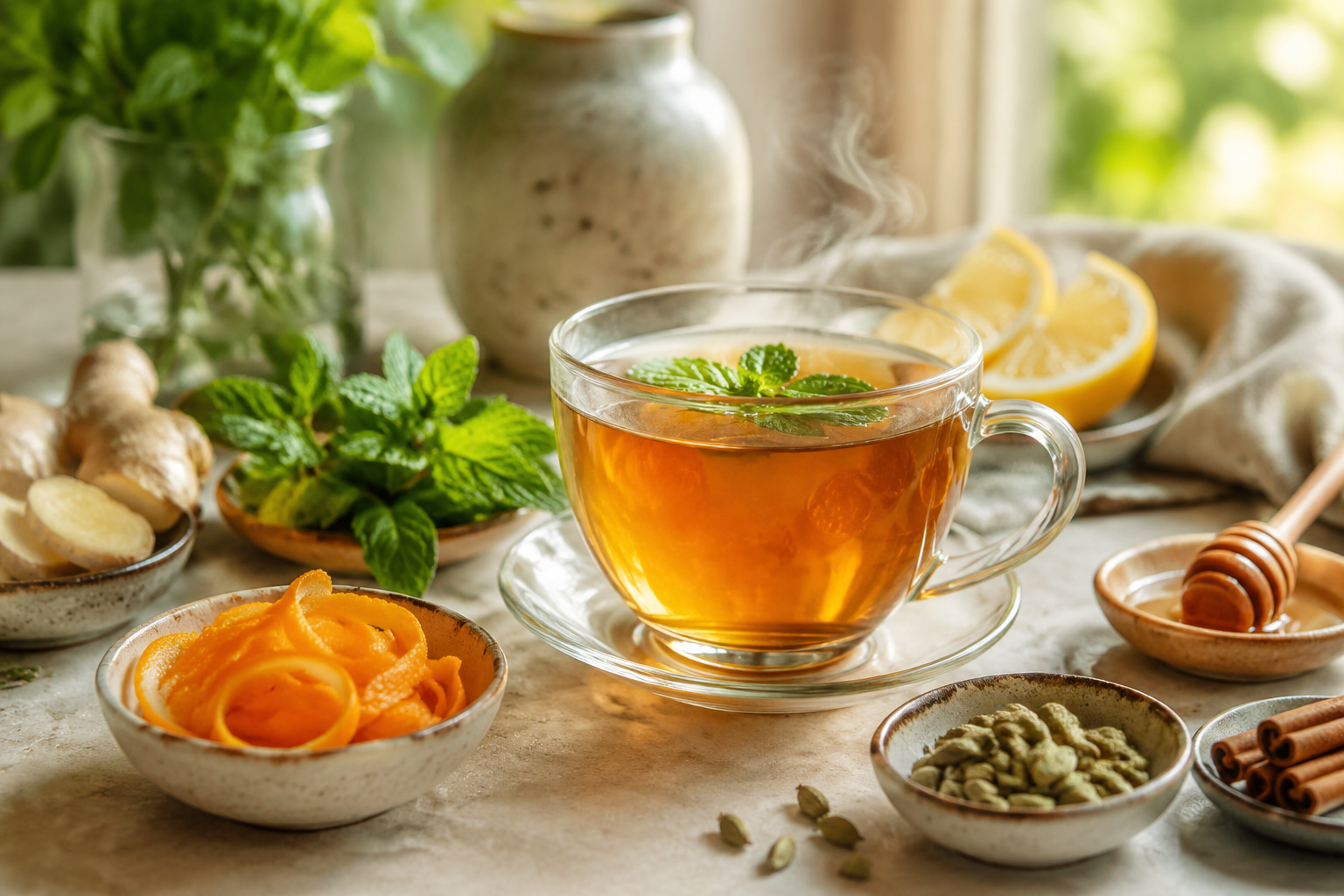 Herbal tea with citrus, mint, ginger and spices for natural flavour