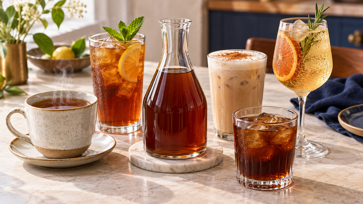 Five ways to serve homemade tea concentrate, including hot tea, iced tea, chai latte, cold brew and a sparkling tea mocktail.
