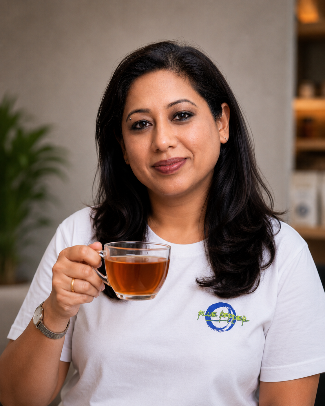 Trupti Sedani Pandhi, founder of Blue Pepper, holding a cup of Indian-inspired herbal tea