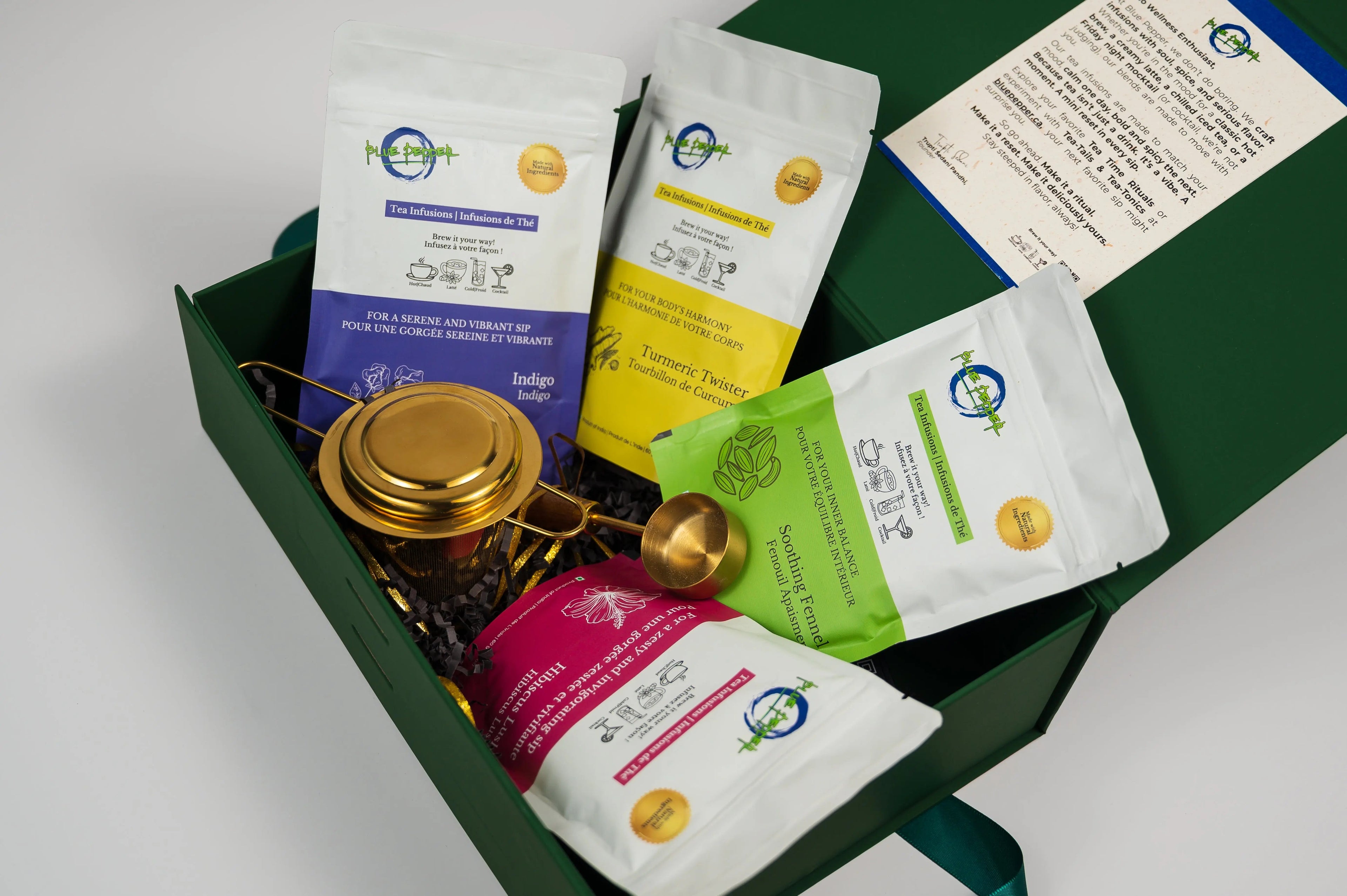 Golden Hour Gift Box (4 Tea Infusions, 1 Glass Kettle with Infuser & 1 Spoon) Blue Pepper