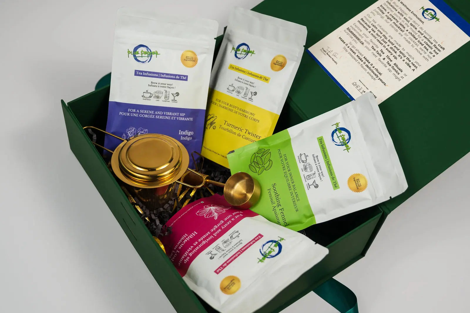 Golden Hour Gift Box (4 Tea Infusions, 1 Glass Kettle with Infuser & 1 Spoon) Blue Pepper