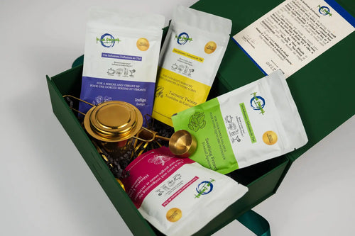 Golden Hour Gift Box (4 Tea Infusions, 1 Glass Kettle with Infuser & 1 Spoon) Blue Pepper