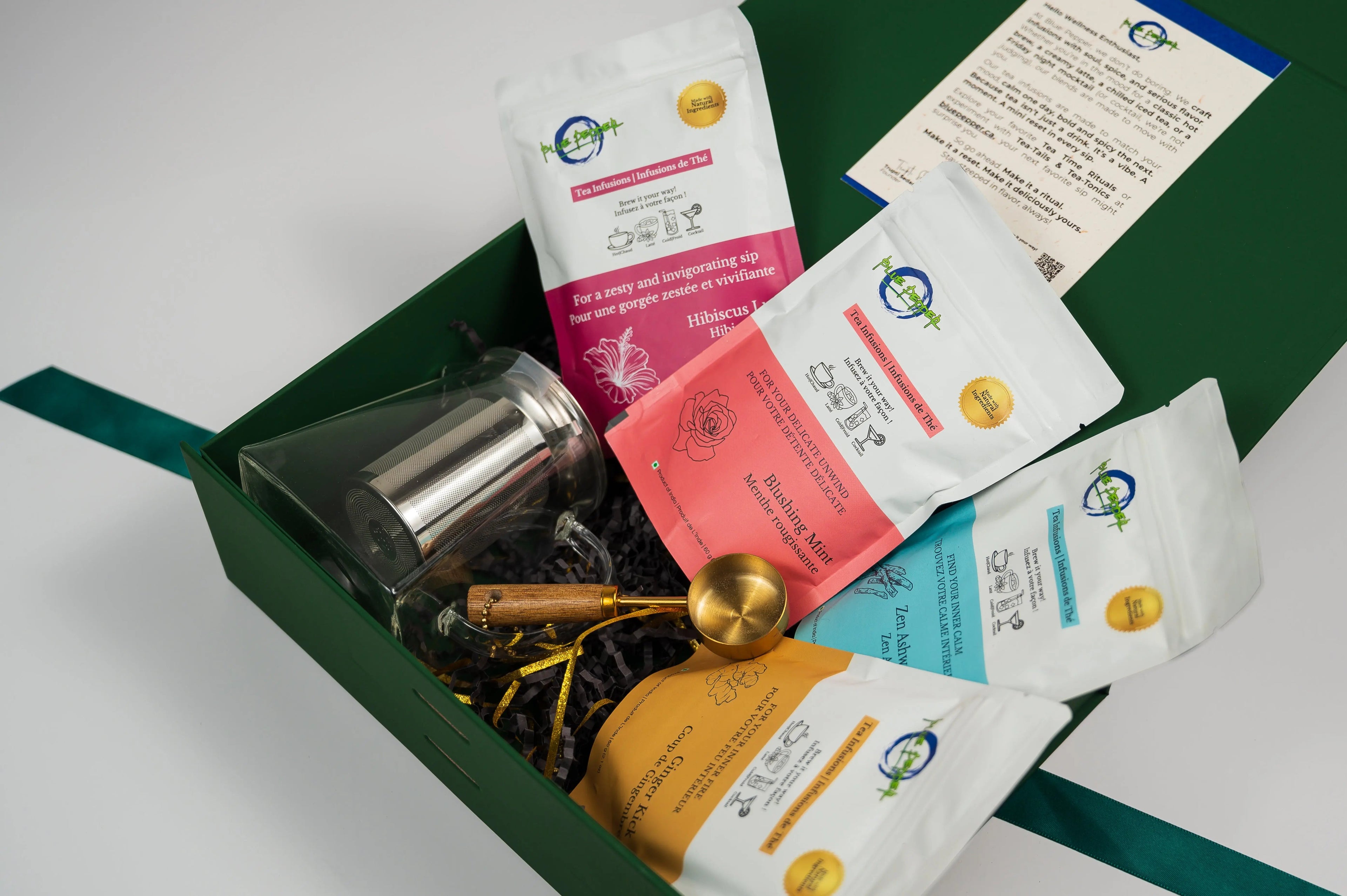 Mindful Moments Gift Box (3 Tea Infusions, 1 Glass Kettle with Infuser & 1 Spoon) Blue Pepper