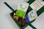 Serenity Tea Gift Set with Soothing Fennel and Indigo Tea Infusions, a fine mesh tea strainer with drip bowl and a matte gold spoon
