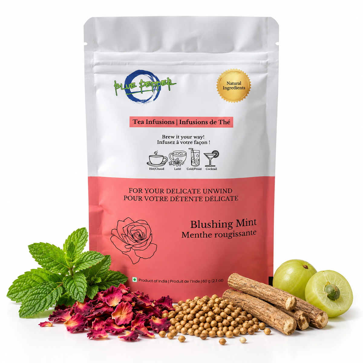 Blue Pepper Blushing Mint 60 g pouch with its botanical ingredients