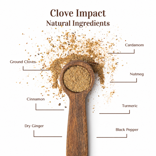 Clove Impact ground spice blend with seven labelled ingredients
