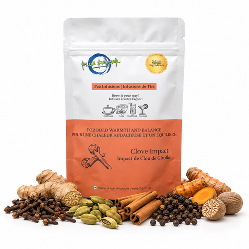 Blue Pepper Clove Impact 60 g tea infusion pouch with its seven spice ingredients
