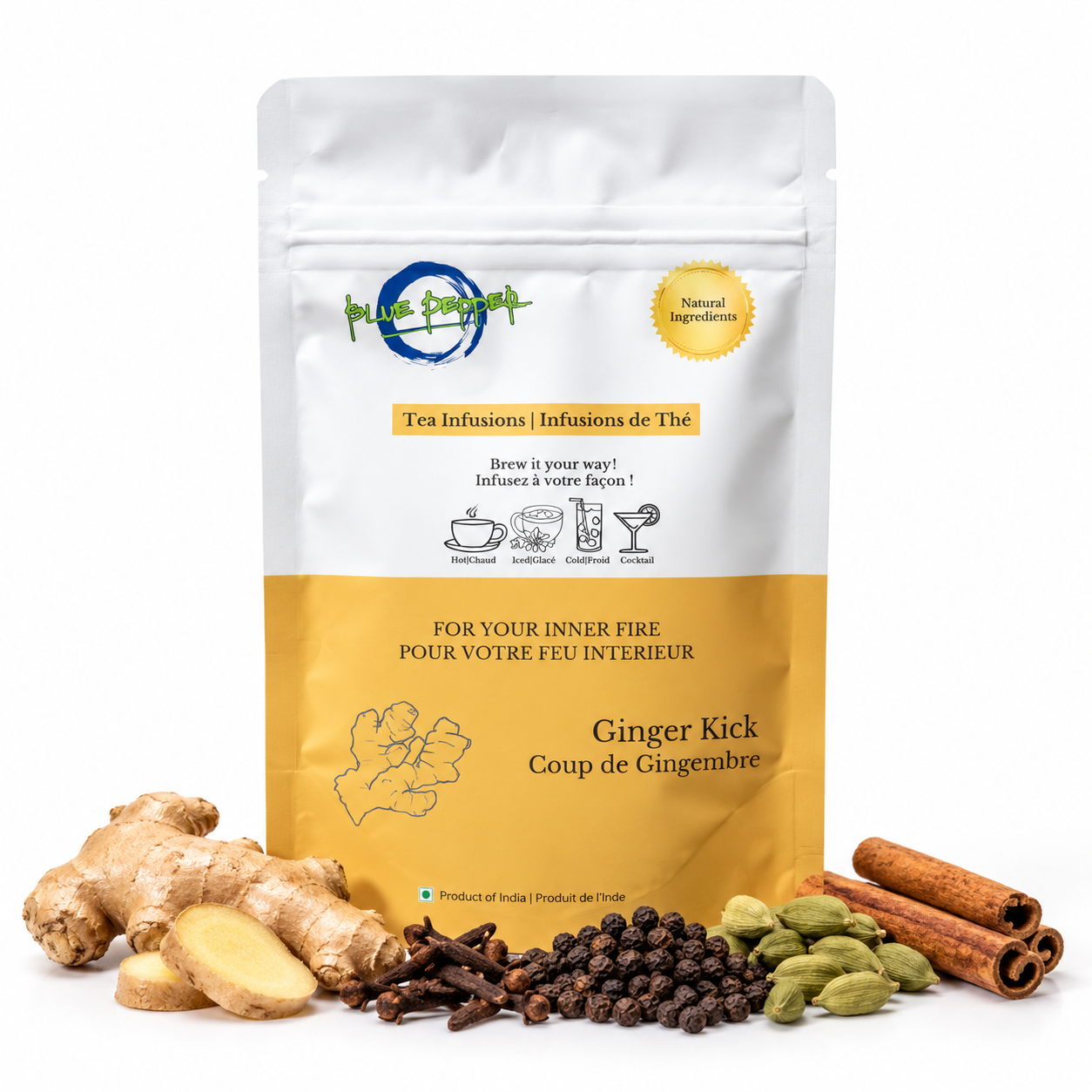 Blue Pepper Ginger Kick 60 g pouch with ginger and four warming spices