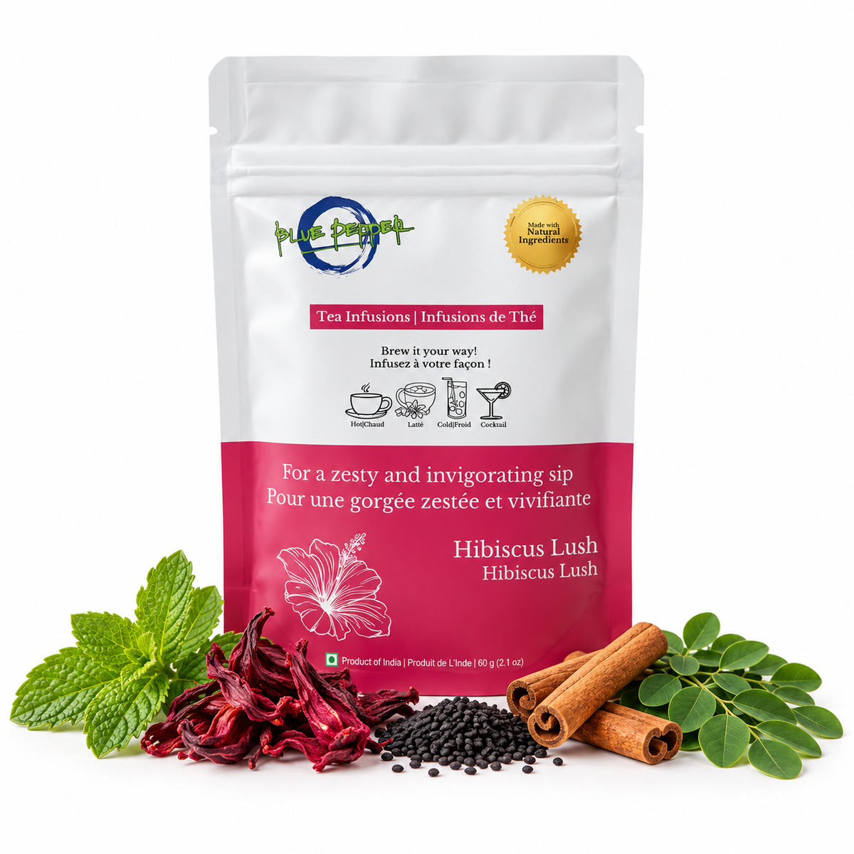 Blue Pepper Hibiscus Lush 60 g pouch with its botanical ingredients