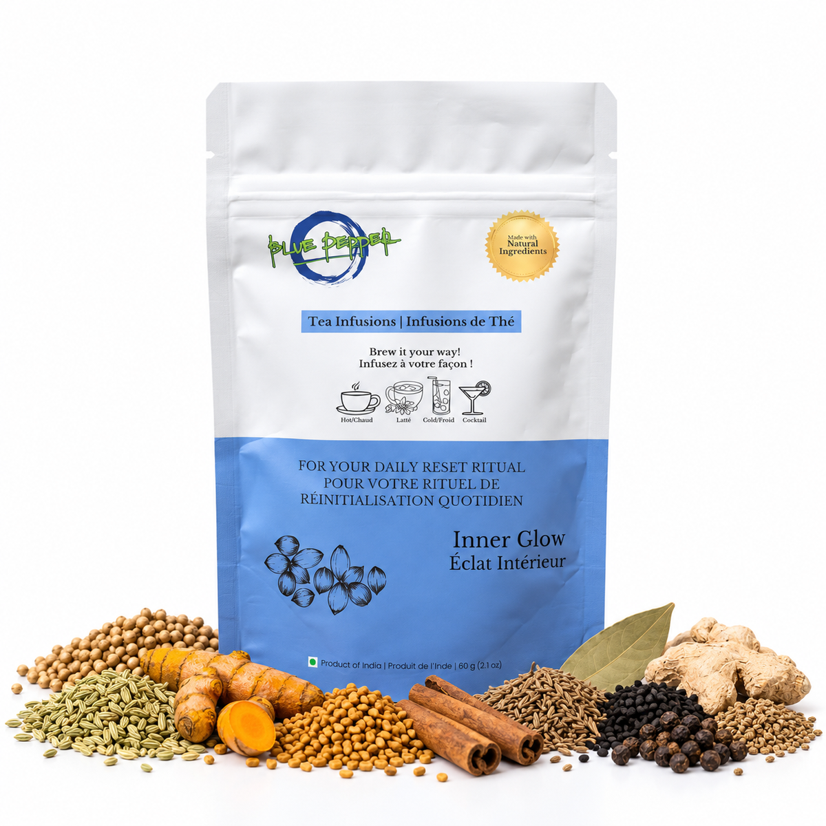 Blue Pepper Inner Glow 60 g pouch with its eleven spice ingredients