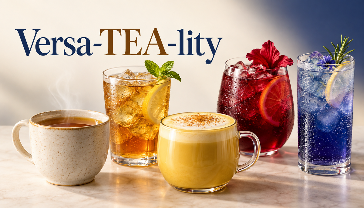 Blue Pepper Versa-TEA-lity infographic showing hot tea, iced tea, a golden latte and colourful mocktails across the range