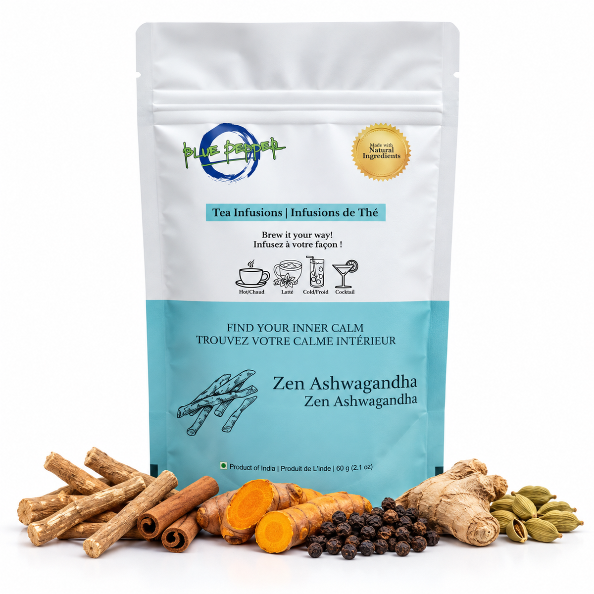 Blue Pepper Zen Ashwagandha 60 g pouch with ashwagandha and warming spices