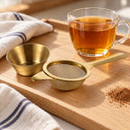 Fine mesh tea strainer resting on its gold drip bowl beside brewed tea