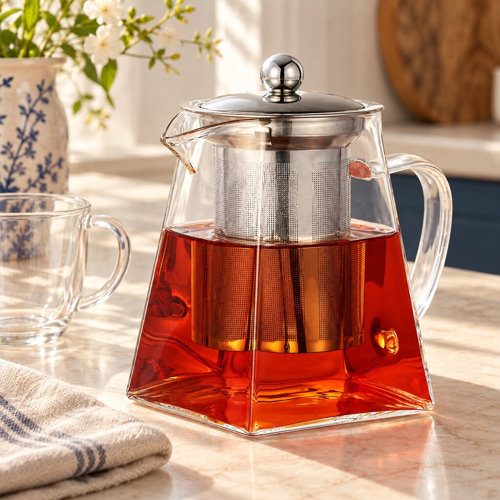 Square glass teapot brewing a ruby herbal infusion on a kitchen counter