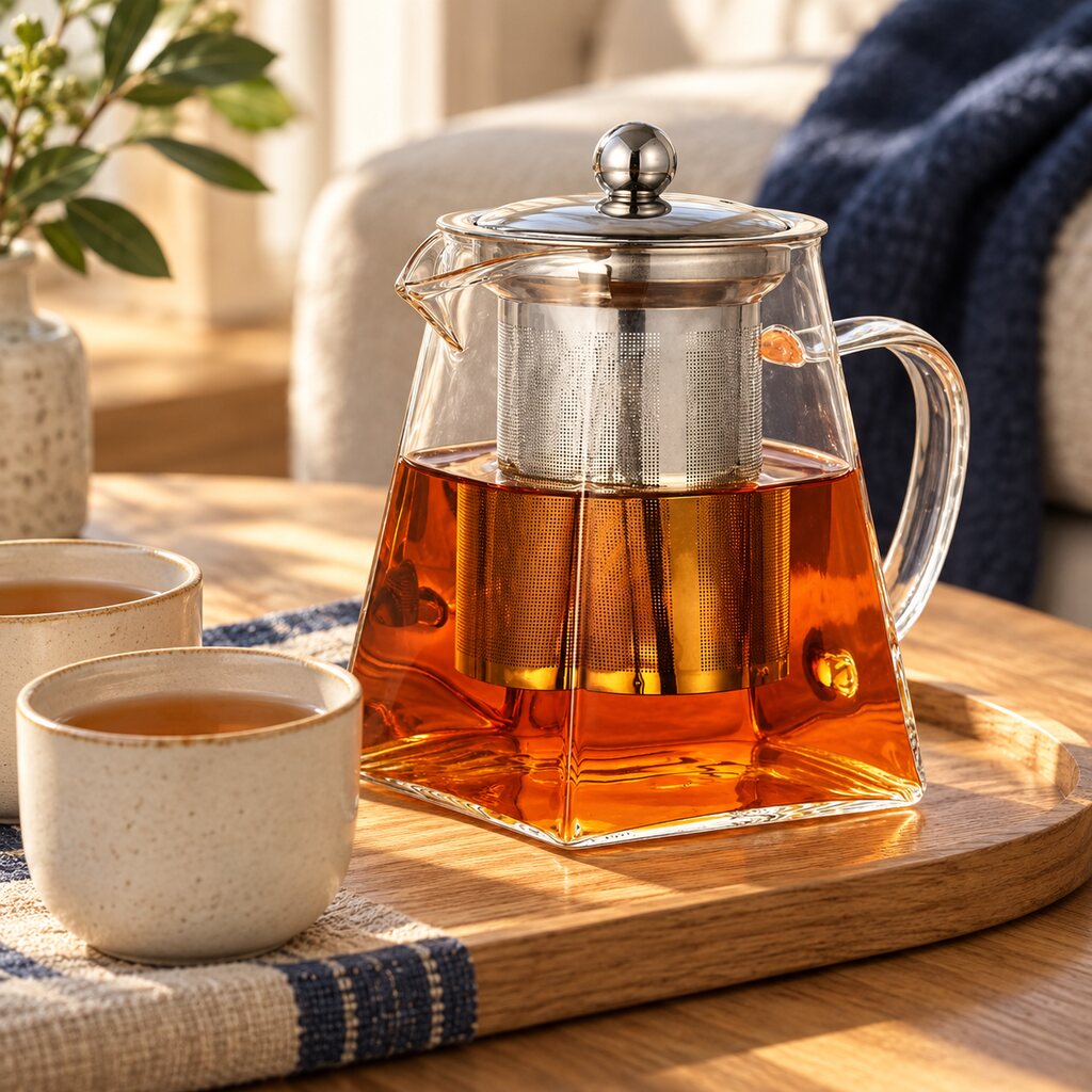 Glass teapot and two cups arranged for sharing tea on a wooden tray