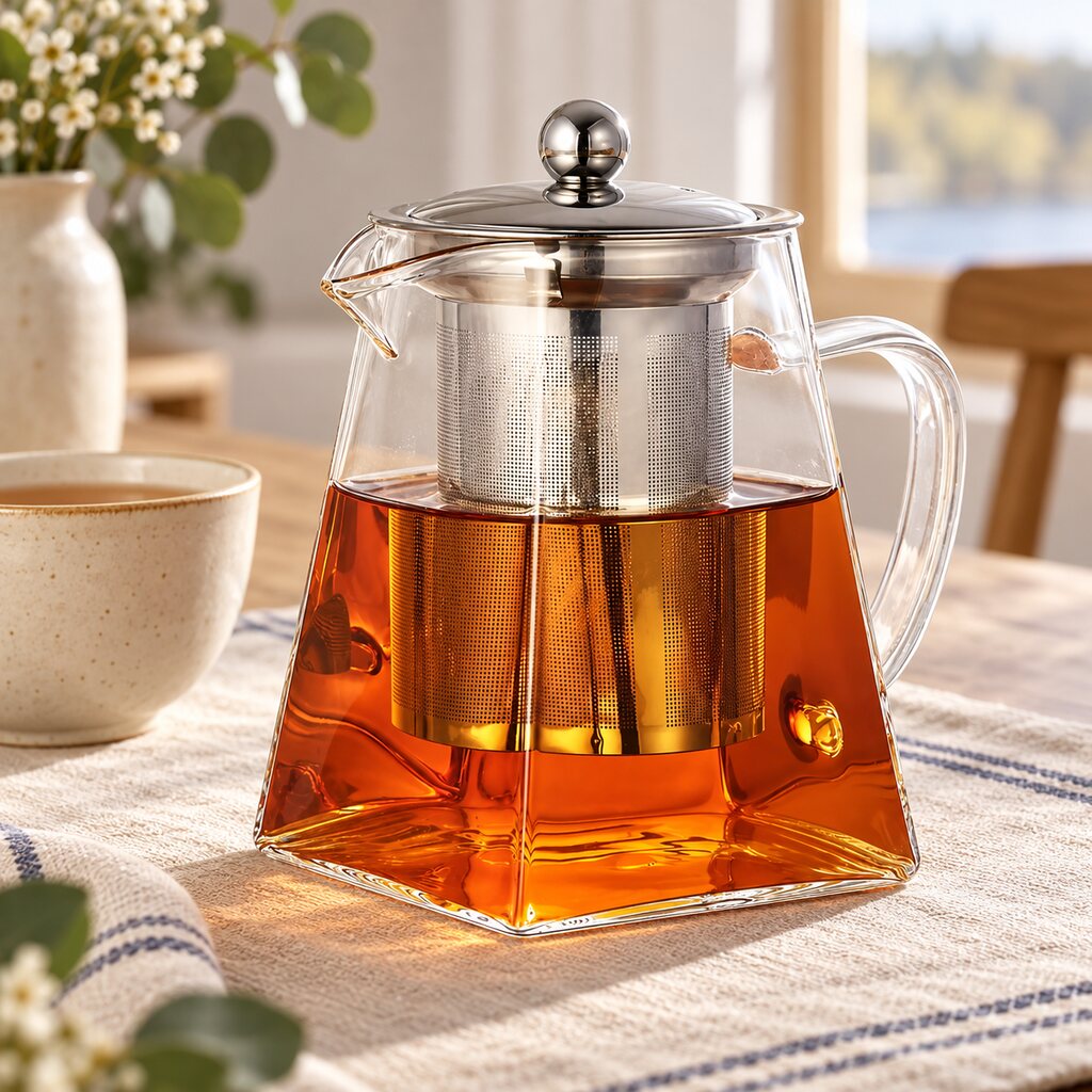 Glass teapot with stainless steel infuser filled with amber tea beside a ceramic cup