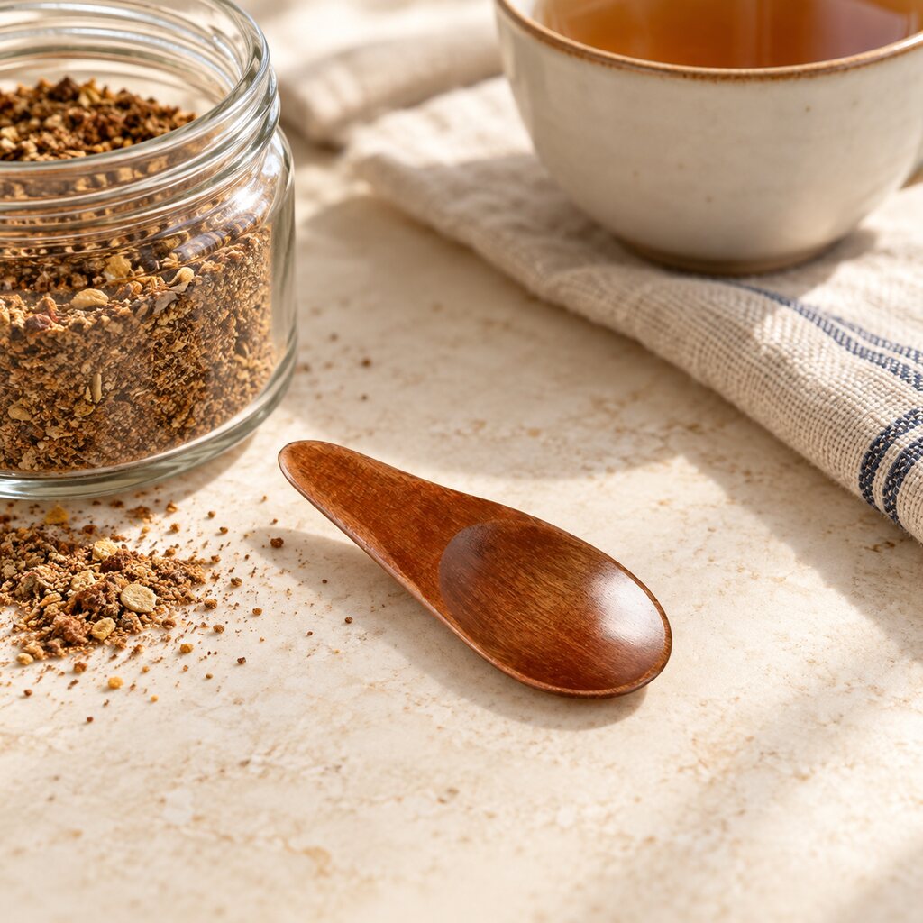 Mini wooden tea scoop beside a jar of loose herbal tea
