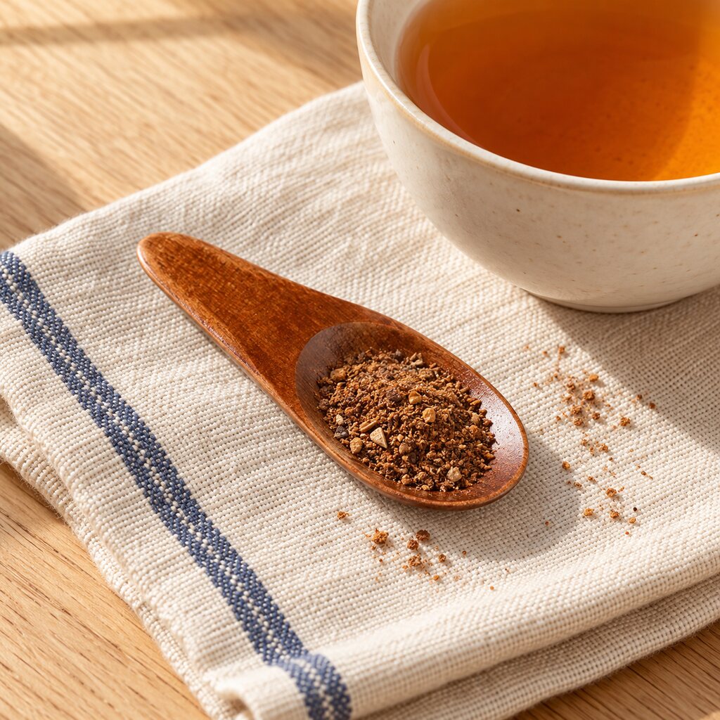Small wooden tea spoon holding a herbal blend beside a cup of tea