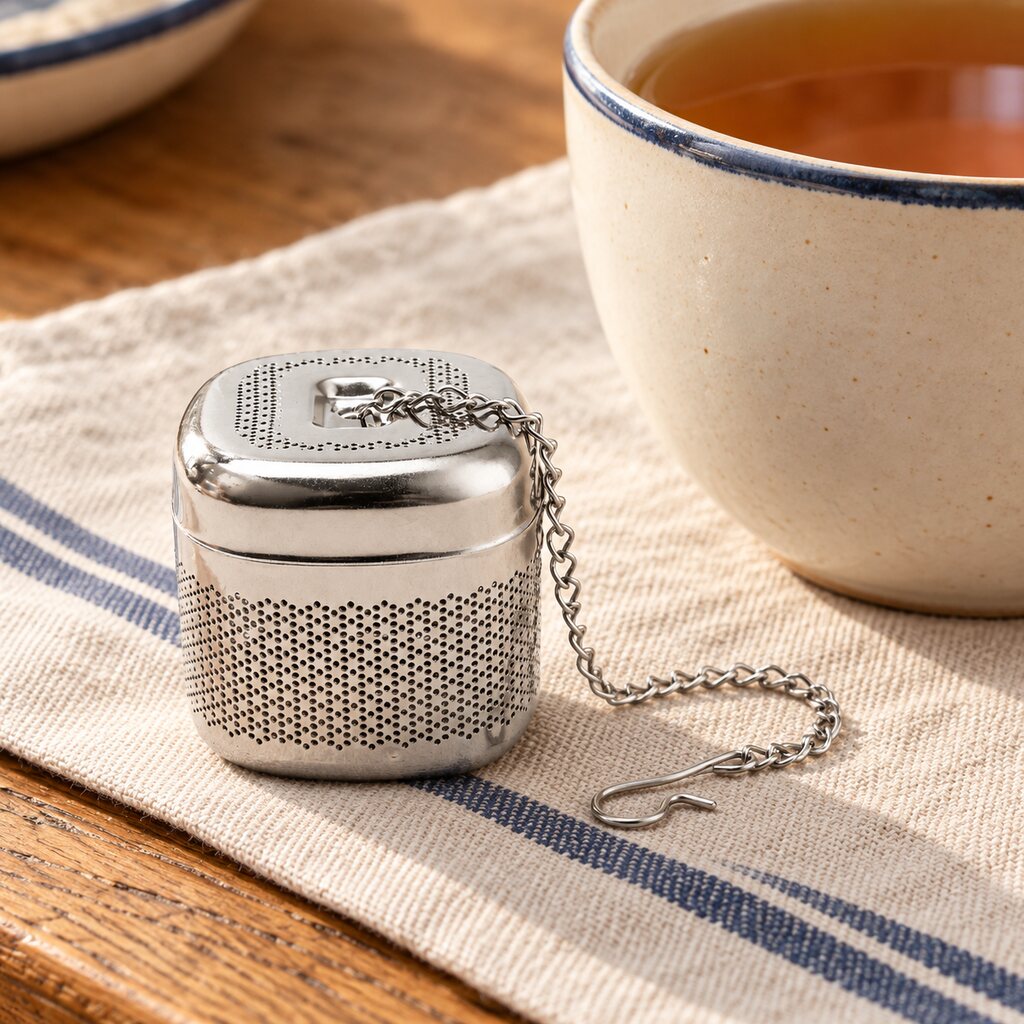 Square stainless steel tea infuser and chain beside a mug of amber tea