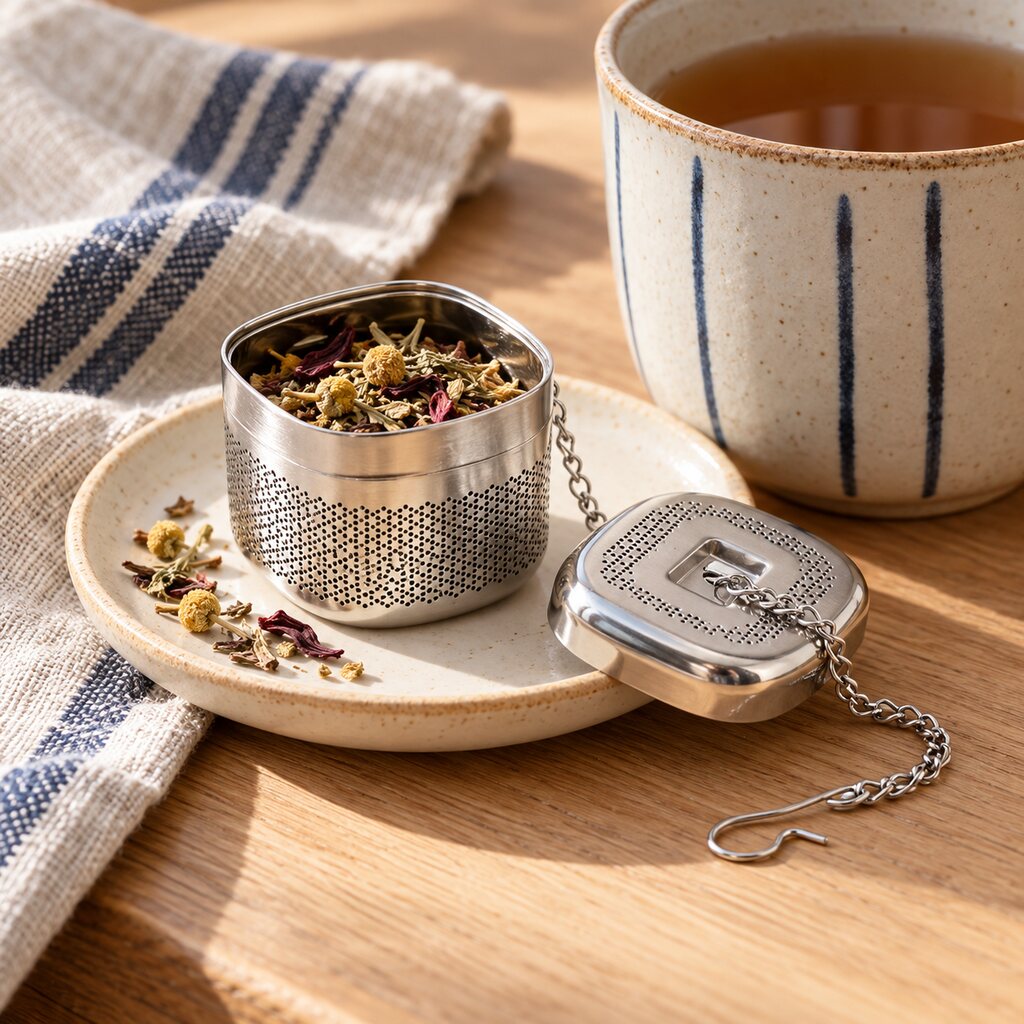 Square tea infuser prepared with a small portion of herbal spice blend