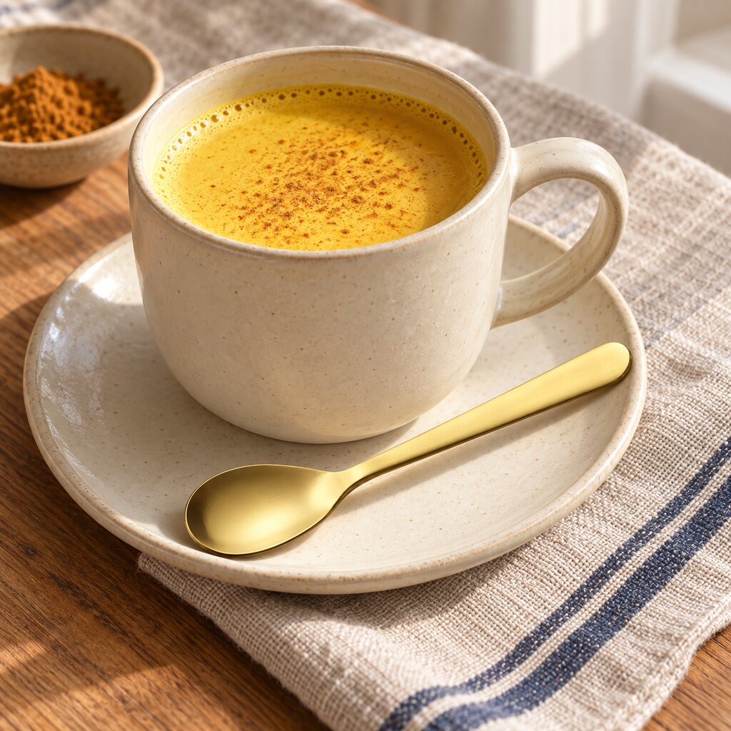 Matte gold spoon beside a warm golden latte in a ceramic mug