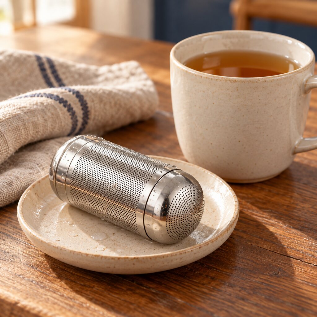 Stainless steel mesh tea infuser resting on a saucer after brewing
