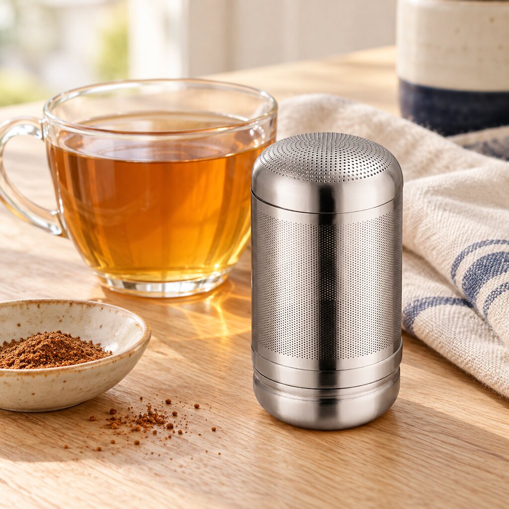 Cylindrical stainless steel tea infuser beside a glass of amber tea