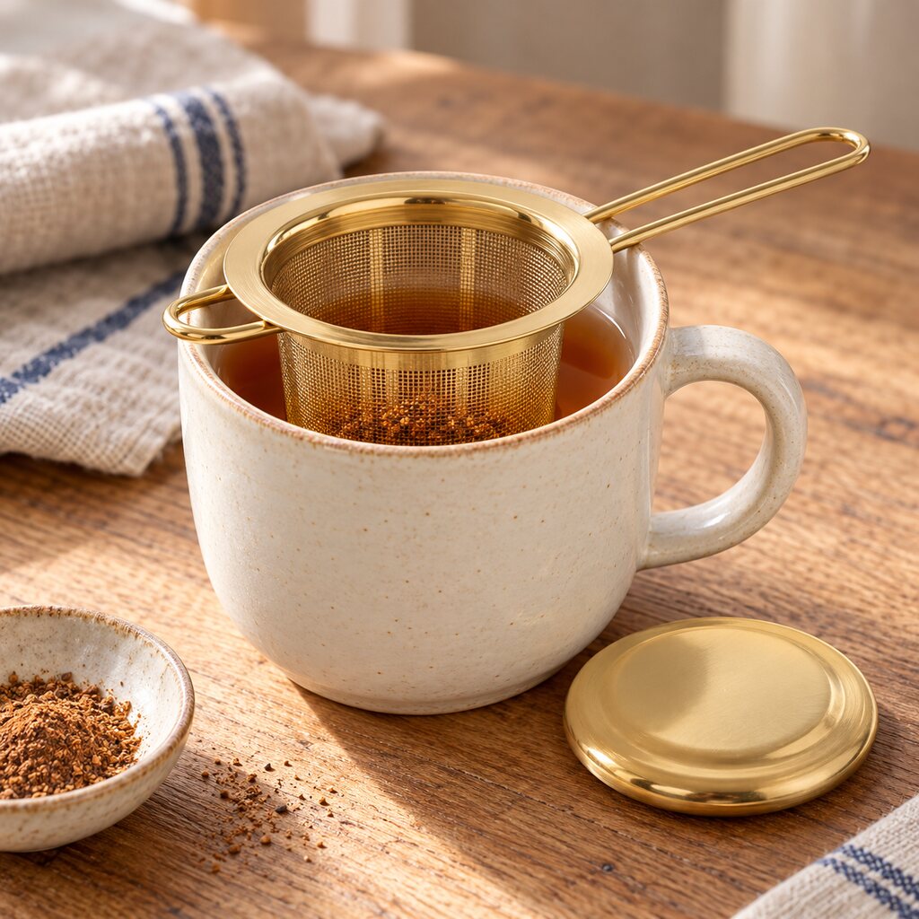 Gold mesh tea infuser steeping tea in a ceramic mug with its lid alongside