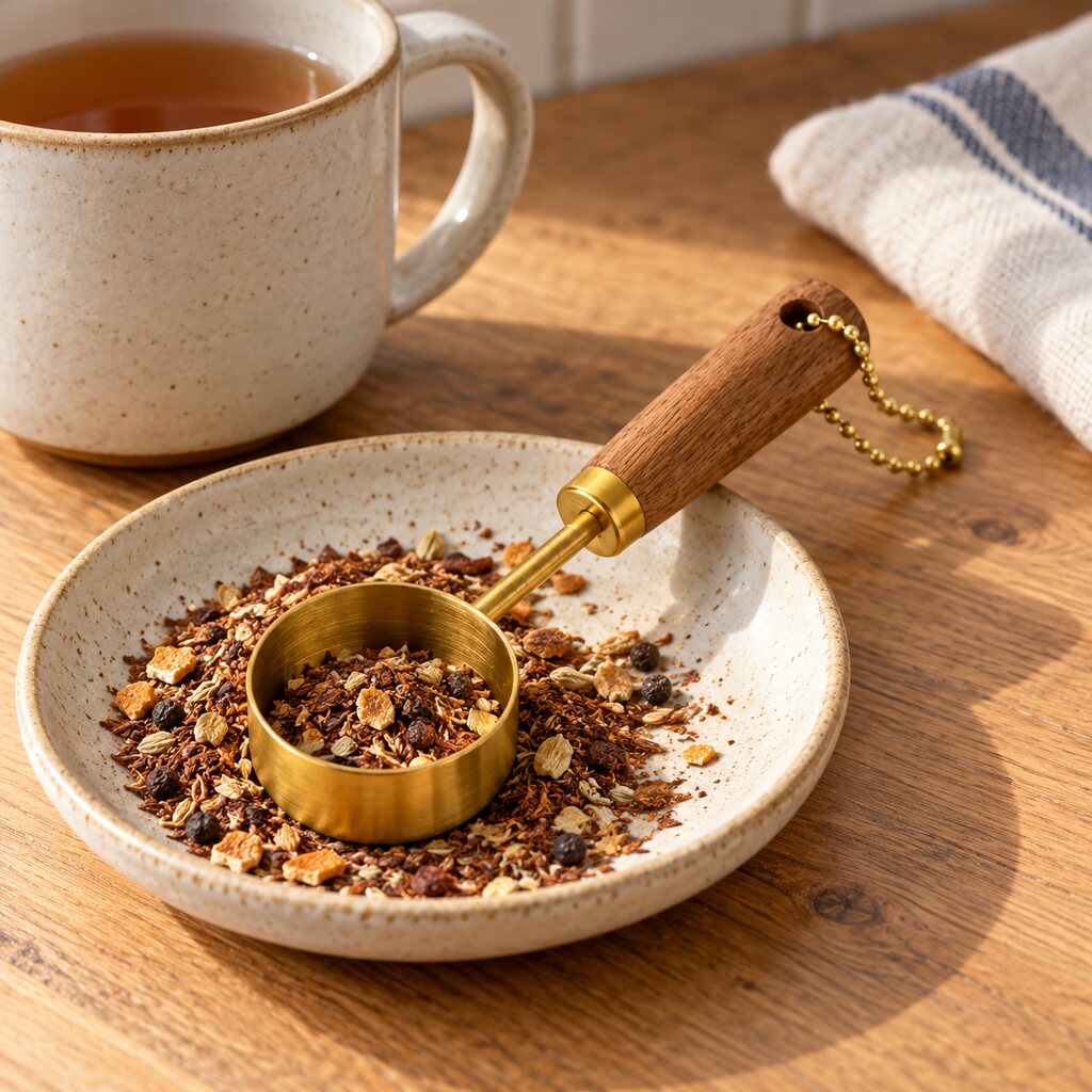 Wood-handled gold tea measuring scoop holding a herbal spice blend