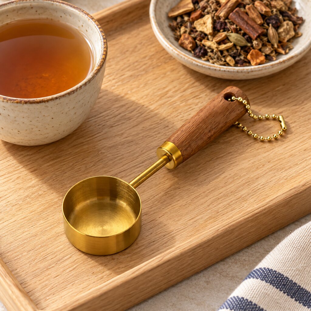 Gold tea measuring scoop with wooden handle arranged on a tea tray