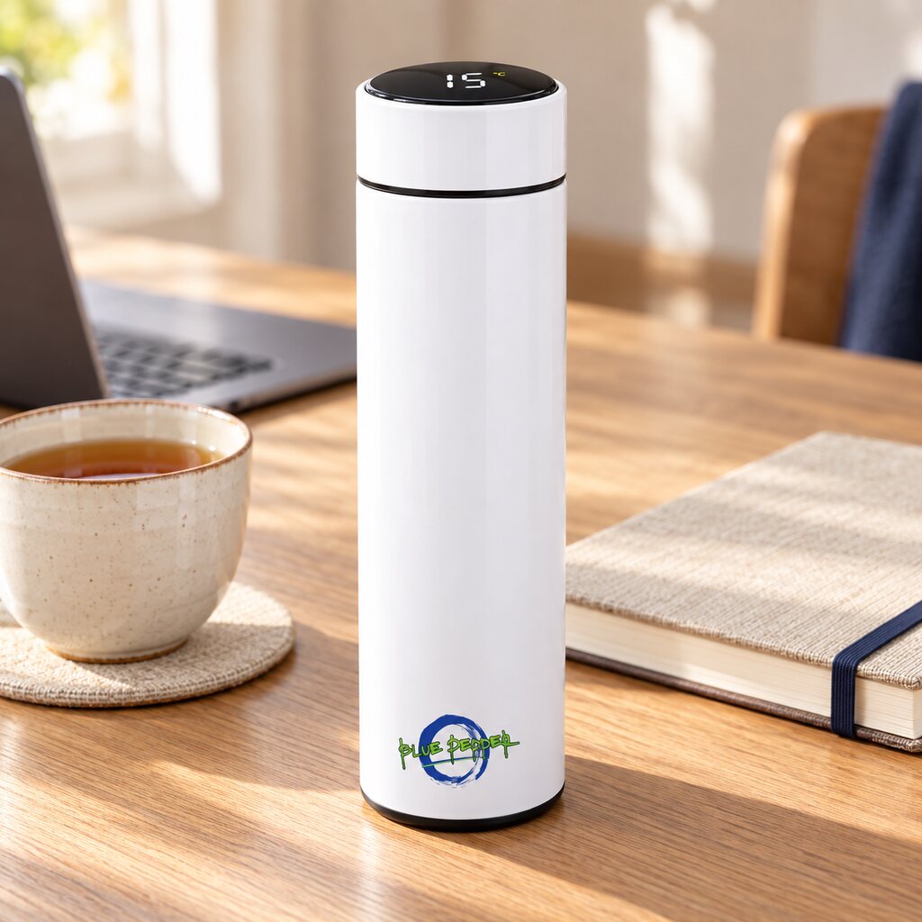 White Blue Pepper temperature infuser bottle on an oak desk
