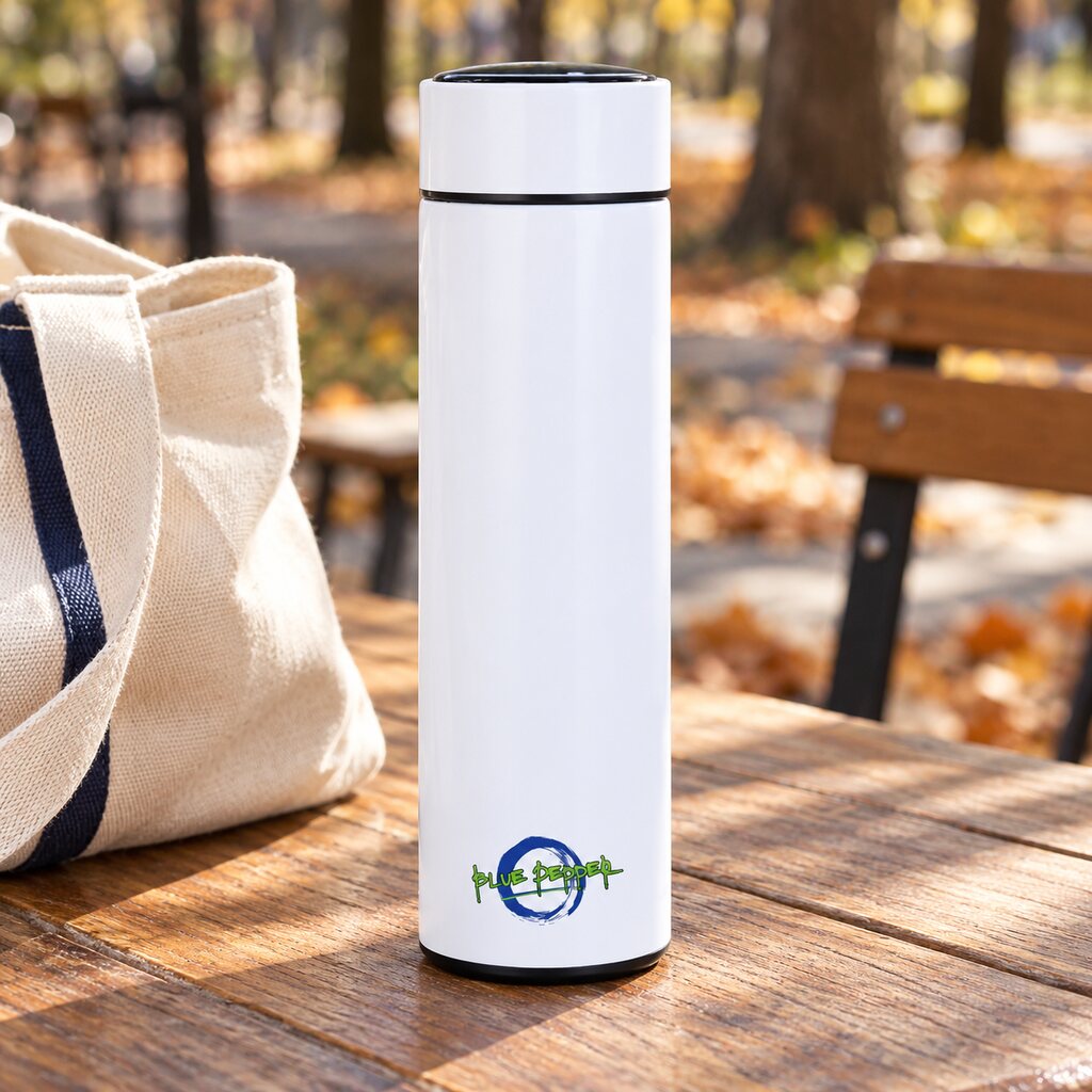 White Blue Pepper infuser bottle on an outdoor table beside a canvas tote