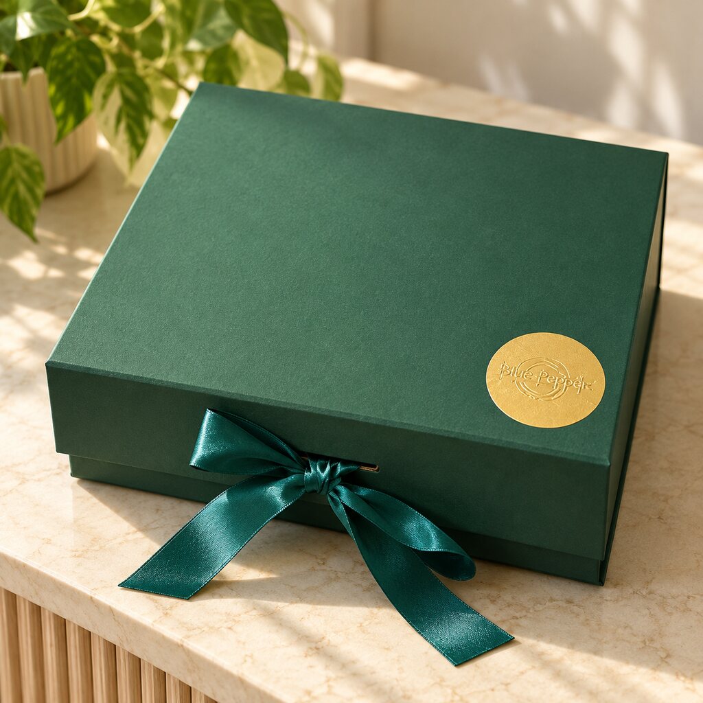 Herbal Haven Gift Box in a forest-green box closed with emerald ribbon and gold seal
