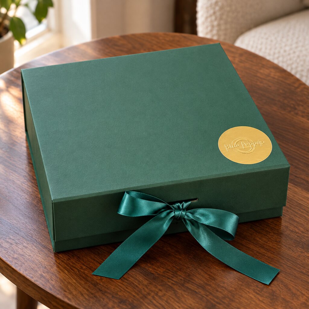 Serenity Tea Gift Set in a forest-green box closed with emerald ribbon and gold seal