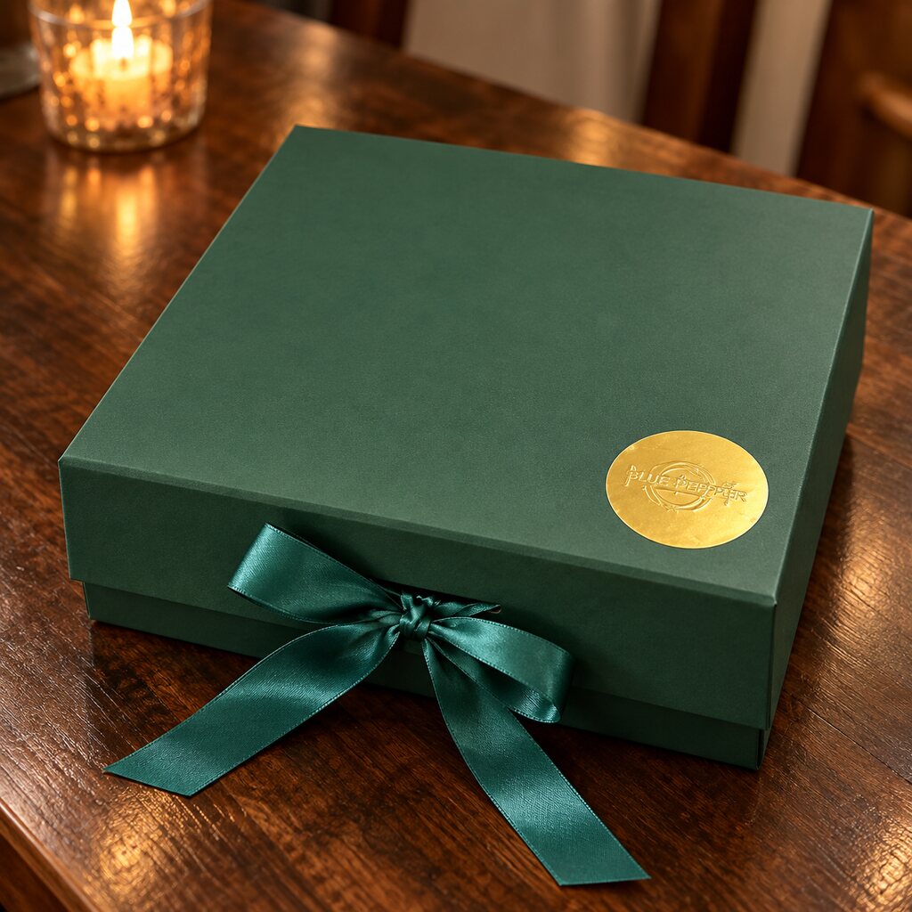 Brew Bliss Tea Gift Box in a forest-green box closed with emerald ribbon and gold seal