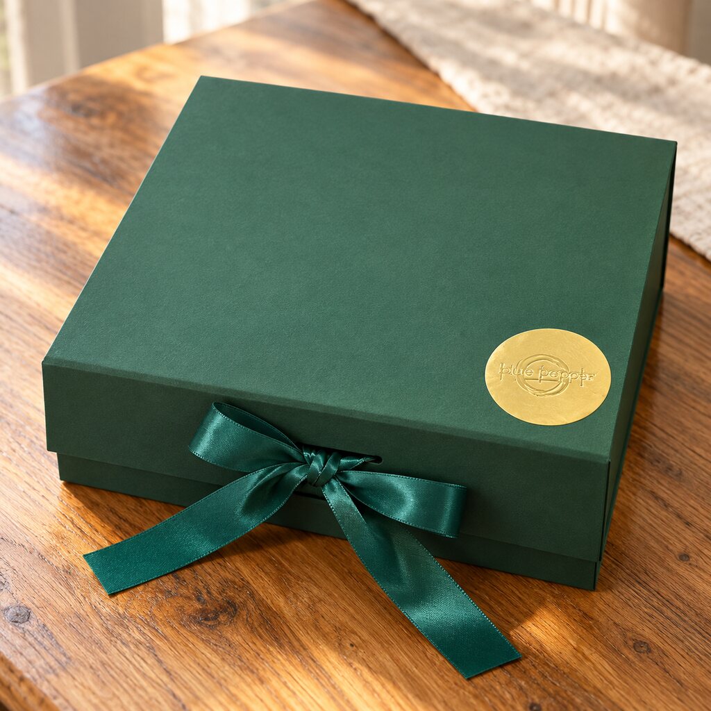 Warm Moments Gift Box in a forest-green box closed with emerald ribbon and gold seal