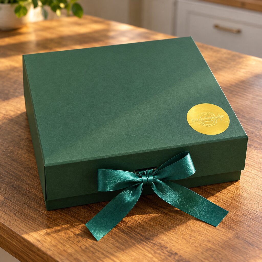Mindful Moments Gift Box in a forest-green box closed with emerald ribbon and gold seal
