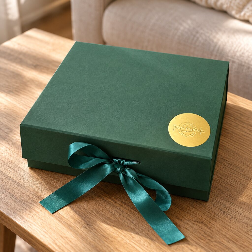 The Tea Ritual Box in a forest-green box closed with emerald ribbon and gold seal
